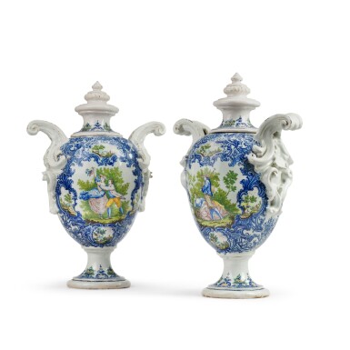 View full screen - View 1 of Lot 294. A pair of Faenza maiolica two-handled vases and covers, Ferniani factory, third quarter of the 18th century.