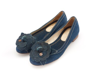 View full screen - View 1 of Lot 101. Pair of denim Camellia flats.