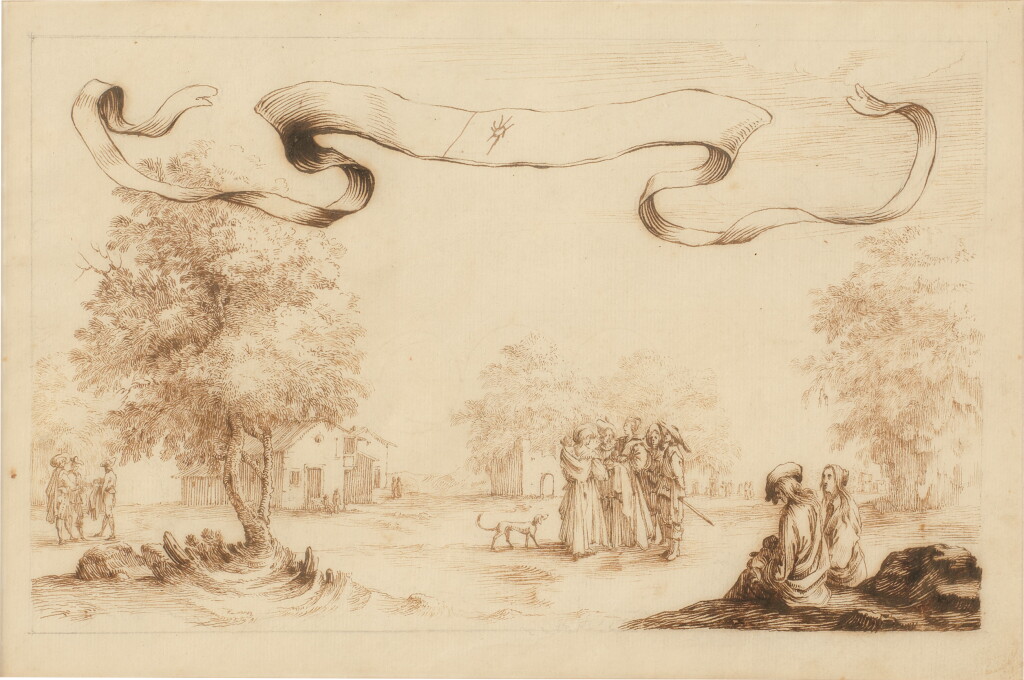 View full screen - View 1 of Lot 62. Stefano della Bella, Figures conversing in a village.