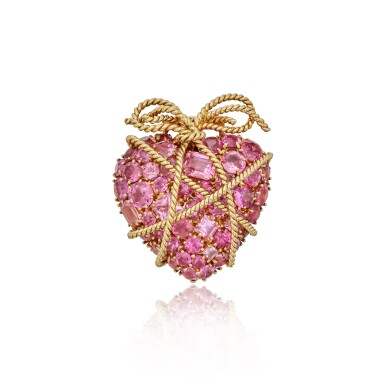 View full screen - View 1 of Lot 46. Gold and Pink Tourmaline 'Wrapped Heart' Clip-Brooch.