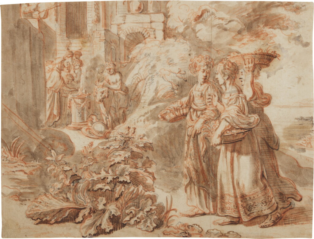 View full screen - View 1 of Lot 140. Woman carrying baskets up to the walls of a city, a sacrifice being prepared in the background.