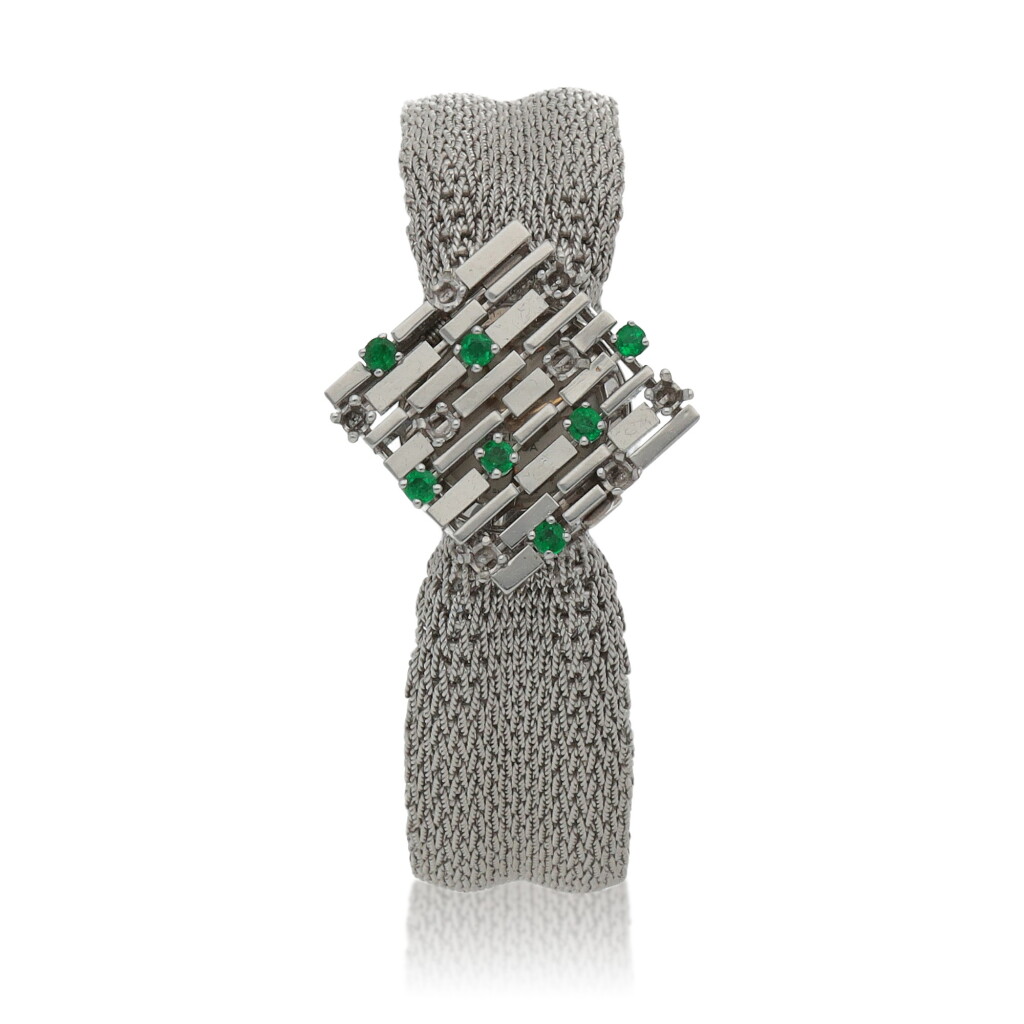 View full screen - View 1 of Lot 32. White gold wristwatch with associated emerald-set cover and white gold bracelet Circa 1958.
