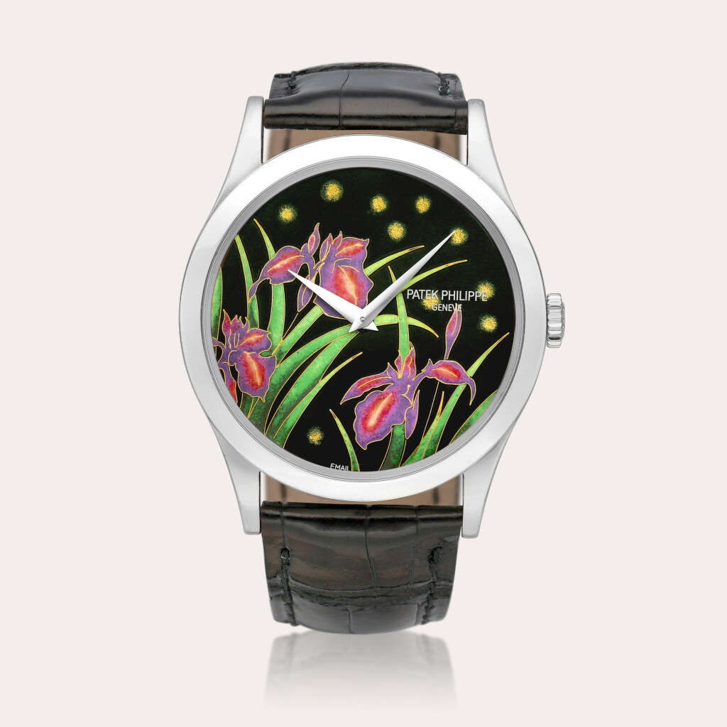 View full screen - View 1 of Lot 2268. “Iris and Night Fireflies”, Reference 5077 | A platinum wristwatch with cloisonné enamel dial, Circa 2013.
