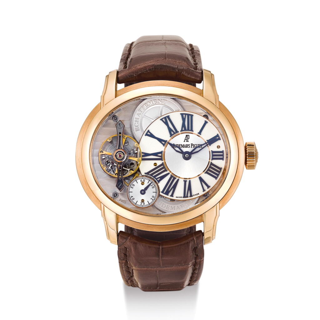 View full screen - View 1 of Lot 2161. AUDEMAS PIGUET | MILLENARY A PINK GOLD SEMI-SKELETONIZED WRISTWATCH WITH DEADBEAT SECONDS, CIRCA 2010" | 愛彼 | Millenary 粉紅金半鏤空腕錶,備跳秒,錶殼編號G-06033,約2010年製".