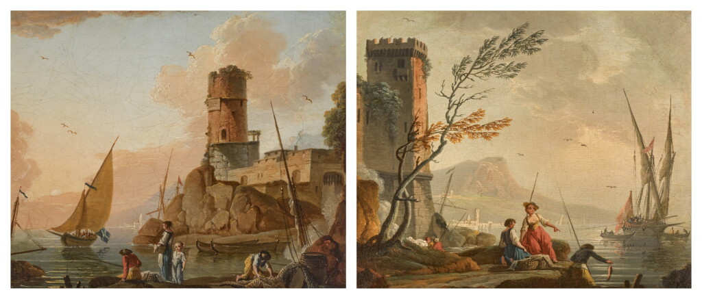 View full screen - View 1 of Lot 72. A pair of Mediterranean coastal views depicting fishermen by a rocky coast.