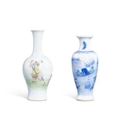 View full screen - View 1 of Lot 3441. A blue and white vase and a famille-rose vase, Republican period | 民國 青花山水圖瓶 及 粉彩福祿壽全圖瓶.