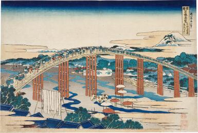 View full screen - View 1 of Lot 36. Katsushika Hokusai (1760-1849) | Yahagi Bridge at Okazaki on the Tokaido (Tokaido Okazaki Yahagi no hashi) | Edo period, 19th century.