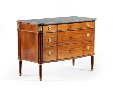 View full screen - View 1 of Lot 26. A Louis XVI gilt-bronze mounted mahogany commode, circa 1780, stamped by Jean-François Leleu | Commode en acajou et monture de bronze doré d'époque Louis XVI, vers 1780, par estampillée Jean-François Leleu.
