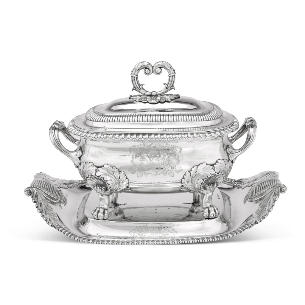 View full screen - View 1 of Lot 169. A George III silver soup tureen and stand, Benjamin Smith III, London, 1820.