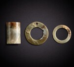 Two jade discs, yuan, and a jade tube, Neolithic period | 新石器時代 玉瑗兩件及玉管一件
