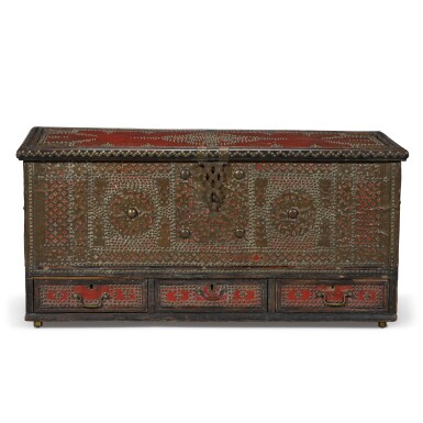 View full screen - View 1 of Lot 86. A close nailed and fret brass mounted painted hardwood chest, Zanzibar, 19th / early 20th century.