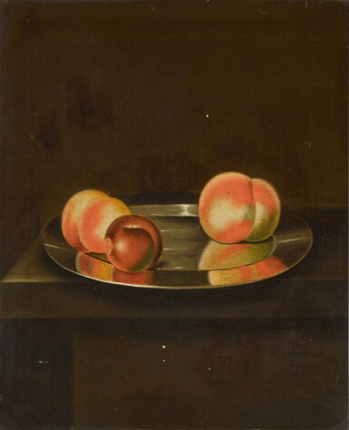View full screen - View 1 of Lot 44. A still life with peaches and a plum on a pewter plate on a ledge.