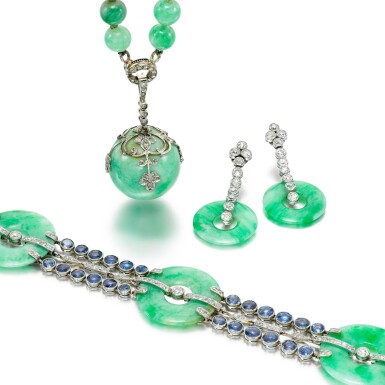 View full screen - View 1 of Lot 41. ATTRIBUTED TO WOLFERS | JADEITE, SAPPHIRE AND DIAMOND BRACELET || JADEITE AND DIAMOND DEMI-PARURE.