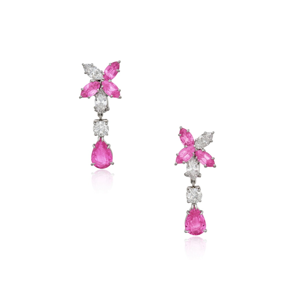 View full screen - View 1 of Lot 347. Pair of Pink Sapphire and Diamond Earclips.