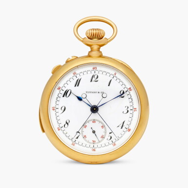 View full screen - View 1 of Lot 2299. A yellow gold five minute repeating split seconds chronograph openface keyless lever watch with enamel dial, Retailed by Tiffany & Co., Circa 1901.