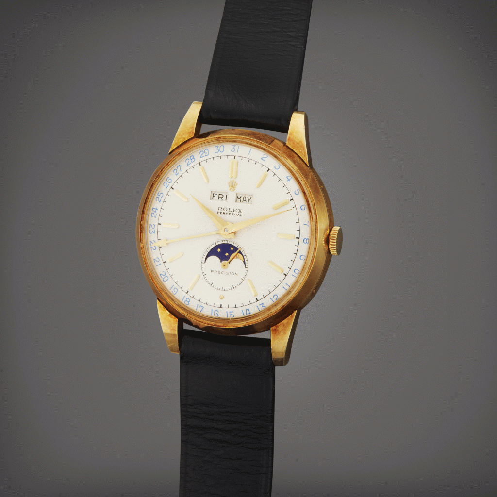 View full screen - View 1 of Lot 128. Reference 8171 'Padellone' | A yellow gold triple calendar wristwatch with moon phases Circa 1952 | 勞力士 型號 8171 'Padellone' 黃金全日曆腕錶備月相顯示,製作年份約 1952.