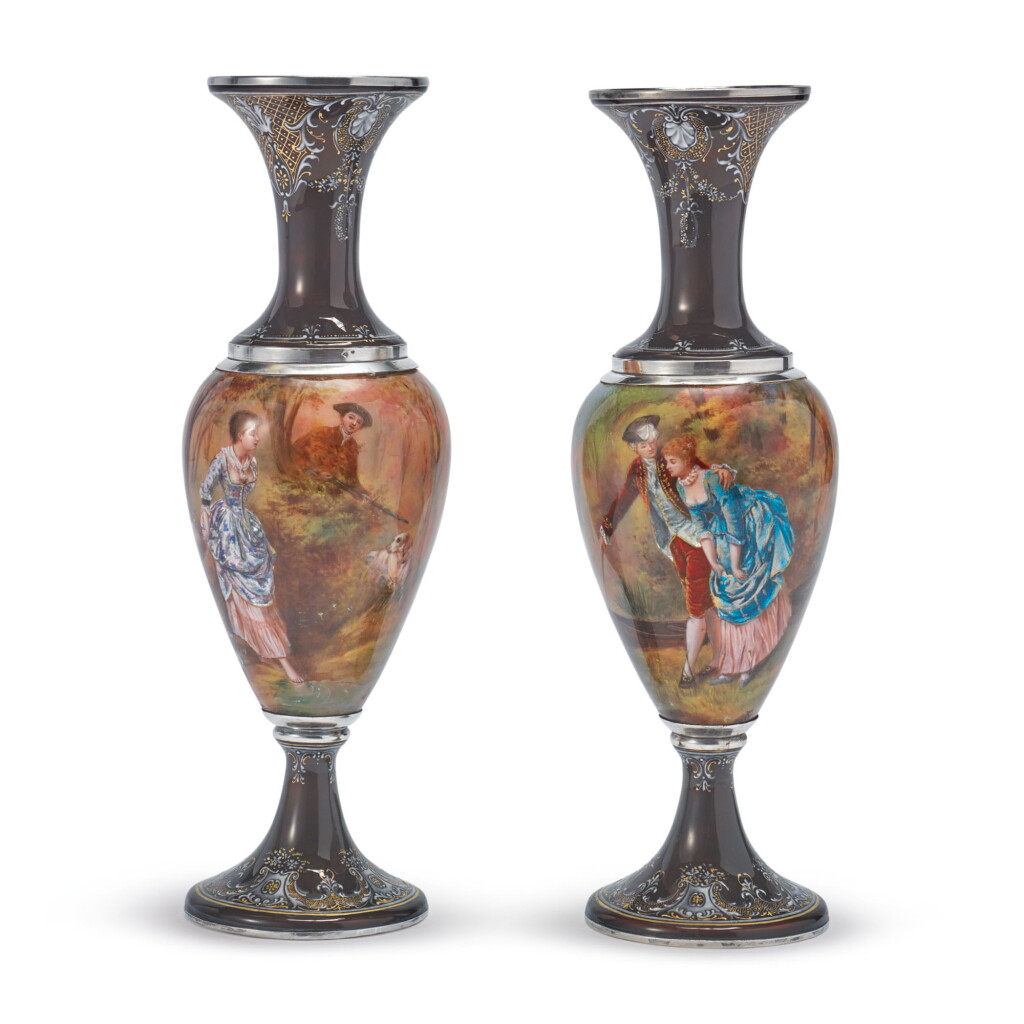 View full screen - View 1 of Lot 847. A PAIR OF FRENCH SILVER AND ENAMEL VASES, MAKER'S MARK JC POSSIBLY FOR JOSEPH COUSIN, PARIS, RETAILED BY TIFFANY & CO., NEW YORK, LATE 19TH CENTURY.