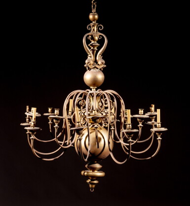 View full screen - View 1 of Lot 6. A brass chandelier, in the Dutch style of the 17th century, 19th century | Lustre en laiton, dans le gout hollandais du XVIIeme siècle, XIXeme siècle.