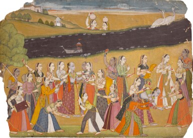 View full screen - View 1 of Lot 164. Krishna dressed as Radha seeks her forgiveness for his philandering ways, India, Bilaspur, circa 1700-20.