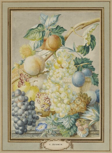 View full screen - View 1 of Lot 742. Circle of Jan van Huysum | STILL LIFE WITH FRUIT AND FLOWERS IN A BASKET.