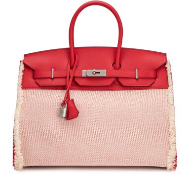 View full screen - View 1 of Lot 62. Limited Edition Rouge de Coeur Swift and Ecru Toile H Fray Fray Birkin 35 Palladium Hardware, 2021.