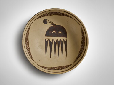 View full screen - View 1 of Lot 729. Jeddito Black-on-Yellow Bowl with Katsina Motif, circa 1300 - 1600 AD.