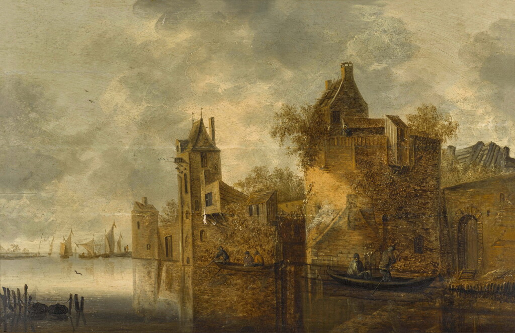 View full screen - View 1 of Lot 55. PIETER DE BLOOT | A RIVER LANDSCAPE WITH FIGURES IN ROWING BOATS BESIDE BUILDINGS.