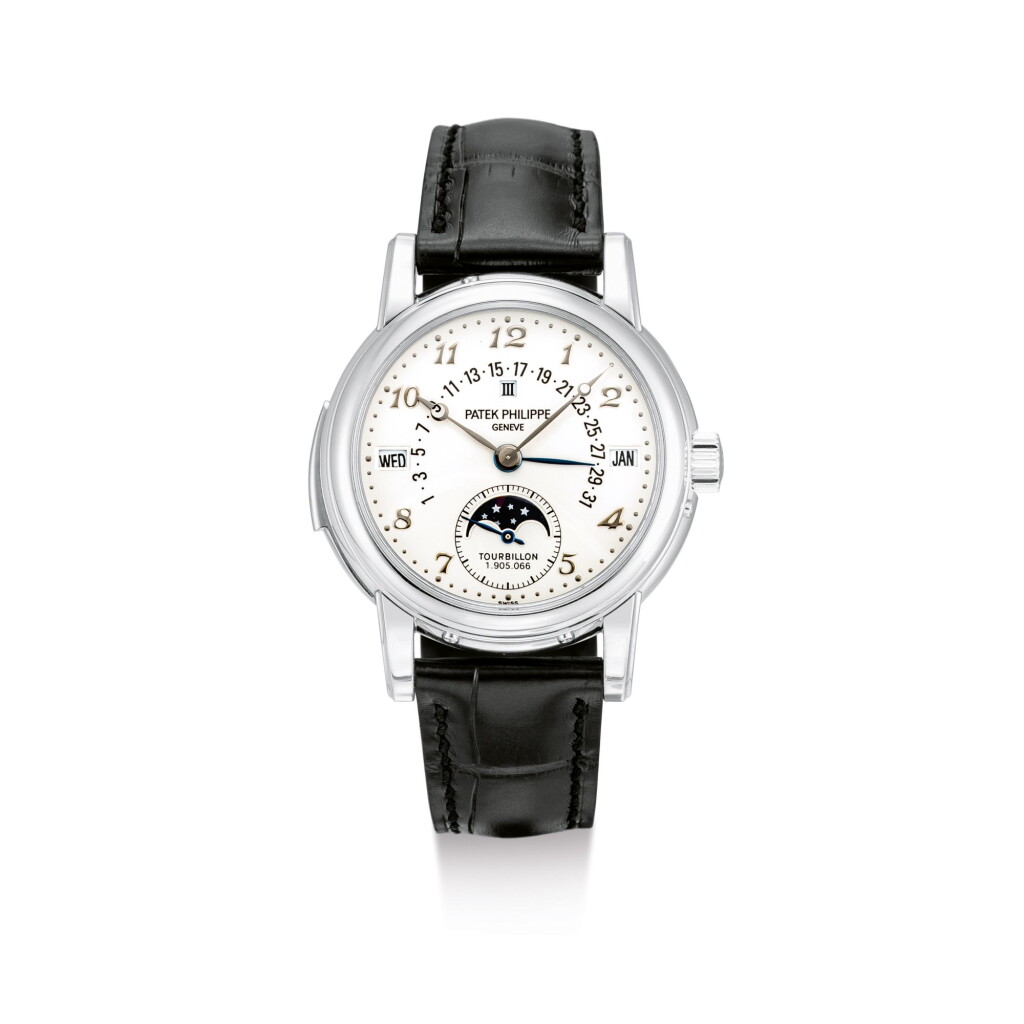 View full screen - View 1 of Lot 2047. PATEK PHILIPPE | REFERENCE 5016, A PLATINUM MINUTE REPEATING PERPETUAL CALENDAR TOURBILLON WRISTWATCH WITH RETROGRADE DATE, MOON PHASES AND LEAP YEAR INDICATION, CIRCA 2002 | 百達翡麗 | "型號5016 鉑金三問萬年曆陀飛輪腕錶,備逆跳日期、月相及閏年顯示,機芯編號1905066,錶殼編號4162782,約2002年製".