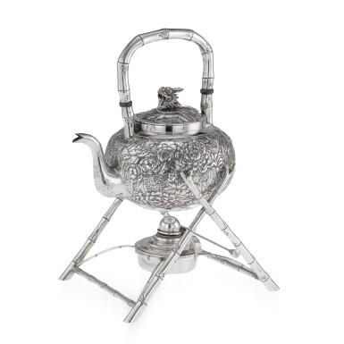 View full screen - View 1 of Lot 6. A CHINESE EXPORT SILVER TEA KETTLE AND BURNER ON STAND, PROBABLY WANG HING, CANTON OR HONG KONG, CIRCA 1900.