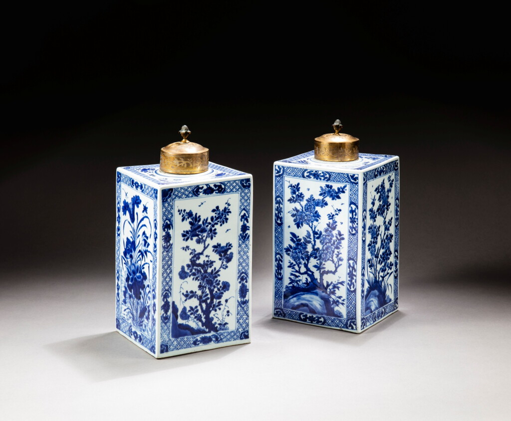 View full screen - View 1 of Lot 208. A pair of large blue and white 'lotus ponds' tea caddies Qing dynasty, Kangxi period | 清康熙 青花荷塘紋四方蓋罐一對.