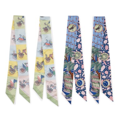 View full screen - View 1 of Lot 215. A Set of Four: Two Multicolor Silk Les Danse des Amazones and Two Voitures Exquises Twilly Scarves, 2010's.
