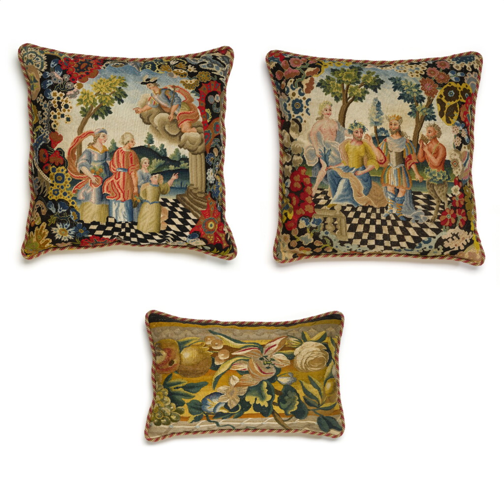 View full screen - View 1 of Lot 24. A group of three European textiles panels, now cushions, late 17th and 18th century.