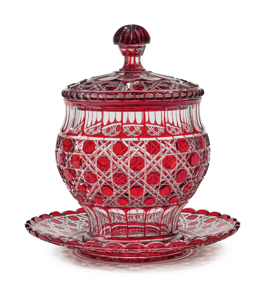 View full screen - View 1 of Lot 326. A FRENCH RED-TINTED CUT-GLASS PUNCH BOWL, COVER AND STAND, LATE 19TH CENTURY.