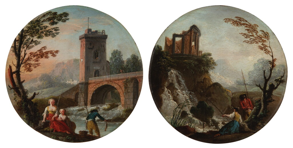 View full screen - View 1 of Lot 612. A fisherman and family beneath a bridge; A couple fishing at the base of a waterfall, with ruins above.