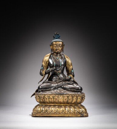 View full screen - View 1 of Lot 175. A gilt-copper and silver figure of Vajradhara, Tibet, 18th century | 十八世紀 藏傳銀及鎏金銅金剛手菩薩坐像.