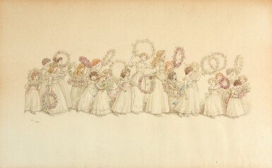 View full screen - View 1 of Lot 75. GREENAWAY | Procession of Maidens with Pink Garlands, pencil and watercolour drawing, 1899.