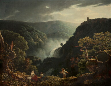 View full screen - View 1 of Lot 105. CARLO LABRUZZI | Tivoli, a view of the waterfalls with figures in the foreground.