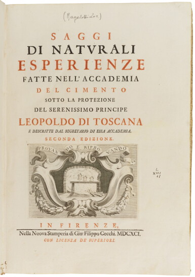 View full screen - View 1 of Lot 2. Accademia del Cimento, Saggi di naturali esperienze, Florence, 1691, contemporary vellum.
