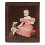 AMMI PHILLIPS | PORTRAIT OF A SEATED CHILD IN A PINK DRESS WITH A SPANIEL AND CORAL TEETHING RING