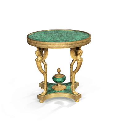 View full screen - View 1 of Lot 214. A gilt-bronze and malachite gueridon, in the Empire style, after a model in the Pavlovsk Palace.