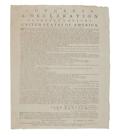 View full screen - View 1 of Lot 1004. A Previously Unrecorded Copy of the Official Massachusetts printing of the Declaration of Independence | "these United Colonies are, and of Right ought to be, Free and Independent States".