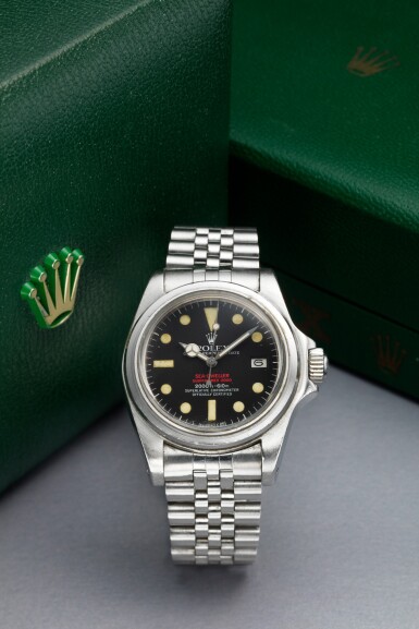 View full screen - View 1 of Lot 125. REFERENCE 1665 ‘DOUBLE RED' SEA DWELLER A STAINLESS STEEL WRISTWATCH DATE AND BRACELET, CIRCA 1978.