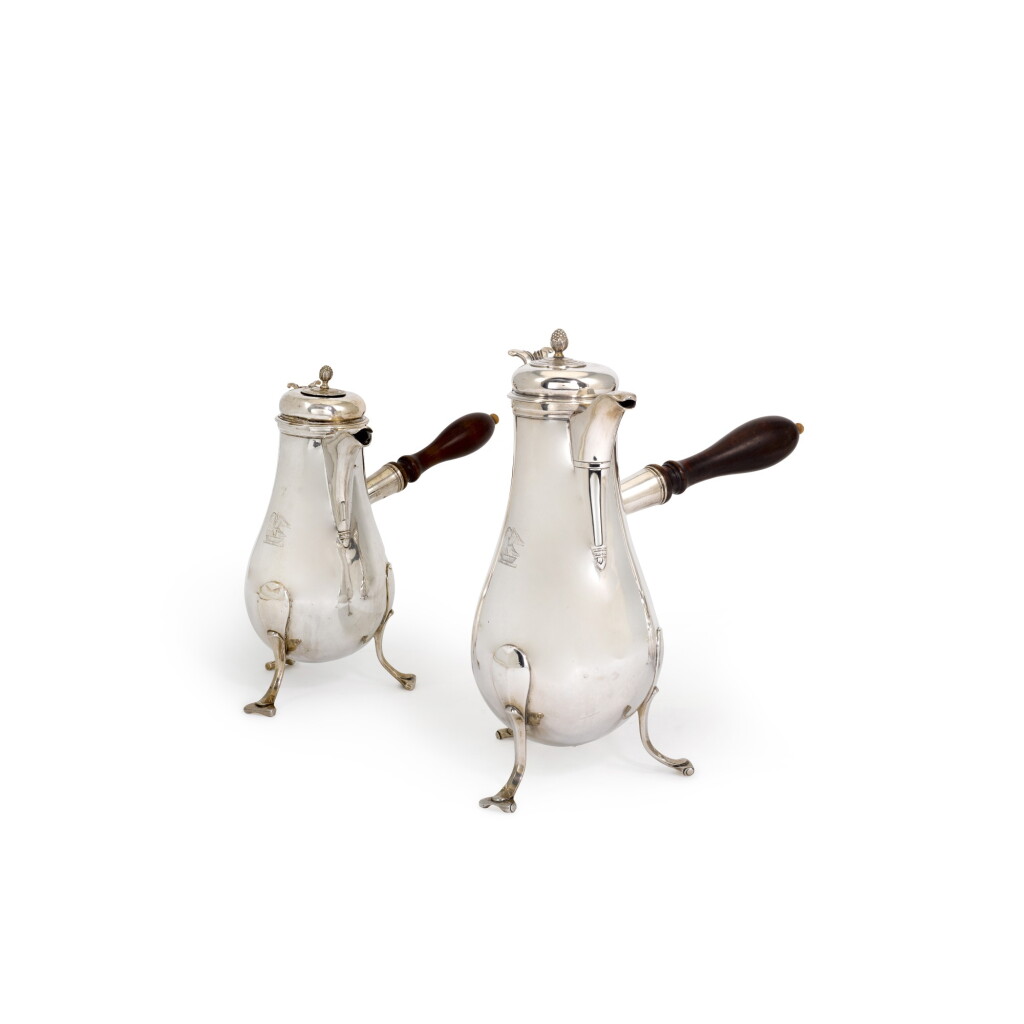 View full screen - View 1 of Lot 78. A graduated pair of French silver chocolate pots, Jacques-Henri Alberti, Strasbourg, circa 1785.