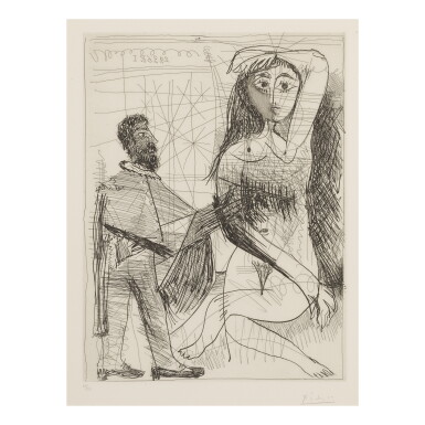 View full screen - View 1 of Lot 170. PABLO PICASSO | PEINTRE EN COSTUME ESPAGNOL PEIGNANT SUR SON MODÈLE (B. 1490; BA. 1506).