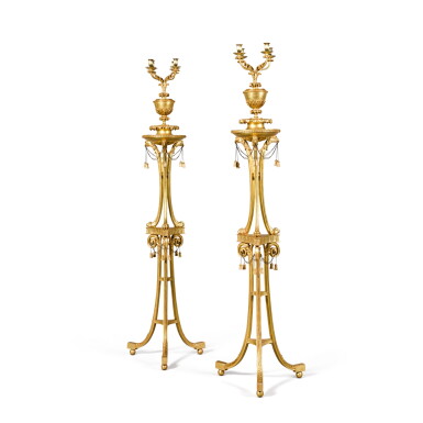 View full screen - View 1 of Lot 37. A pair of late George III carved giltwood torchères and candelabra, circa 1785-90.