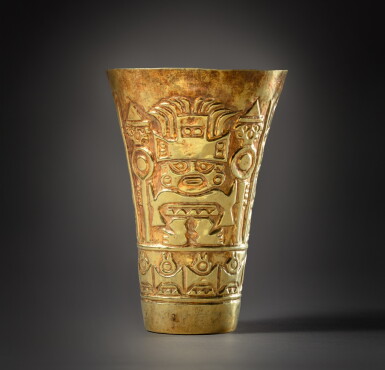 View full screen - View 1 of Lot 3. Sicán Gold Beaker with Warrior.