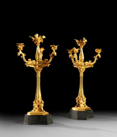 View full screen - View 1 of Lot 48. A pair of Empire gilt-bronze candelabra, after a design by Thomas Hope, probably made by the bronzier Lefèvre | Paire de candélabres en bronze doré d'époque Empire, d'après un dessin de Thomas Hope, probablement réalisés par le bronzier Lefèvre.