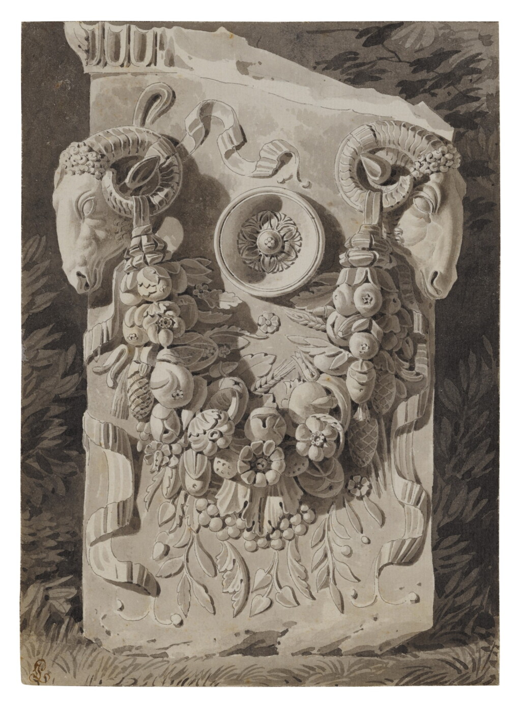 View full screen - View 1 of Lot 265. Study of a Roman Altar, decorated with rams heads and a garland.