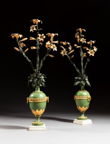 View full screen - View 1 of Lot 220. A pair of Louis XVI gilt-bronze mounted lacquered and painted lead vases mounted as three-light candelabra, circa 1780.
