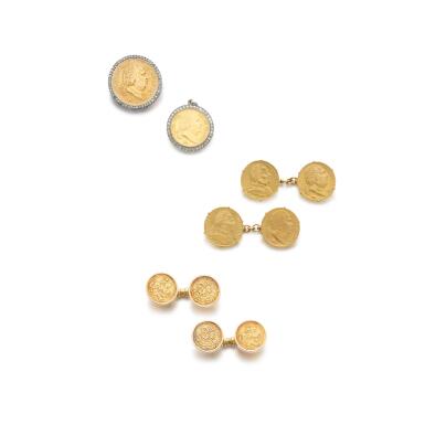 View full screen - View 1 of Lot 1086. Two pairs of gold coin cufflinks, a brooch and a pendant, late 19th century .